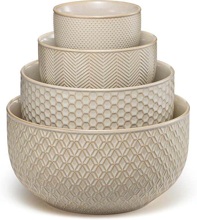 KooK Ceramic Mixing Bowls, Nesting Set of 4, Embossed Kitchen Dishware, Prep, Serving, Gift, Microwave and Dishwasher Safe, 20/44/98/145 oz, Narbonne Collection (Almond)