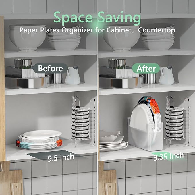 2Pcs Paper Plate Dispenser for 6-9.5 Inch Disposable Plates, Space-Saving Plastic, Foam and Paper Plate Storage Organizer for Cabinet, Countertop, RV or Outdoor (Transparent)
