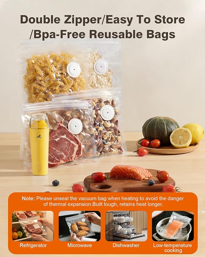 Vacuum sealer for food, Chef’s Design to Preserve Freshness, Compact Handheld Vacuum Sealer with 30 Reusable Bags, Professional-Grade for Food Storage Savers, Mustard