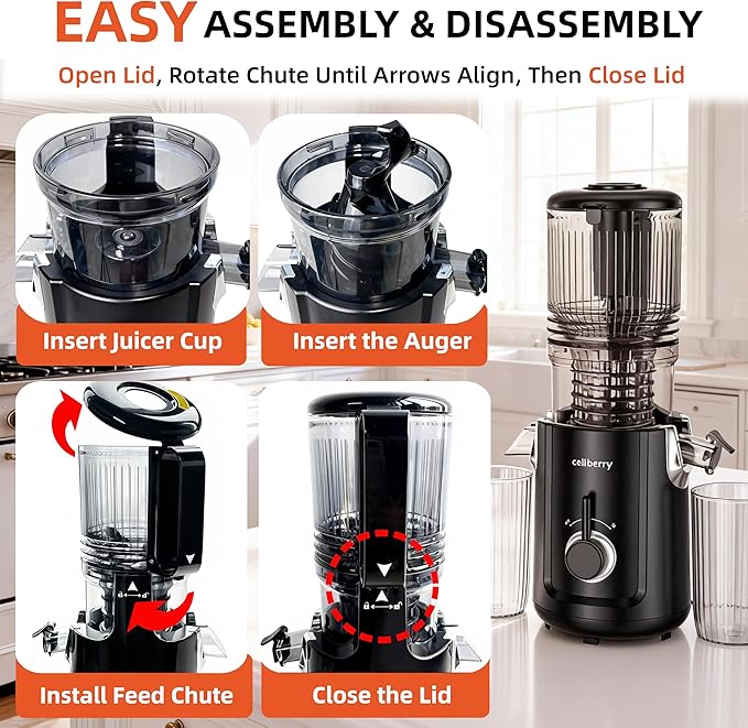 Cold Press Juicer Machines, 5.3” Large Feed Chute Slow Masticating Juicer for Whole Fruits & Vegetables, Easy Clean, 300W Quiet Juice Extractor, 99% High Juice Yield, Red