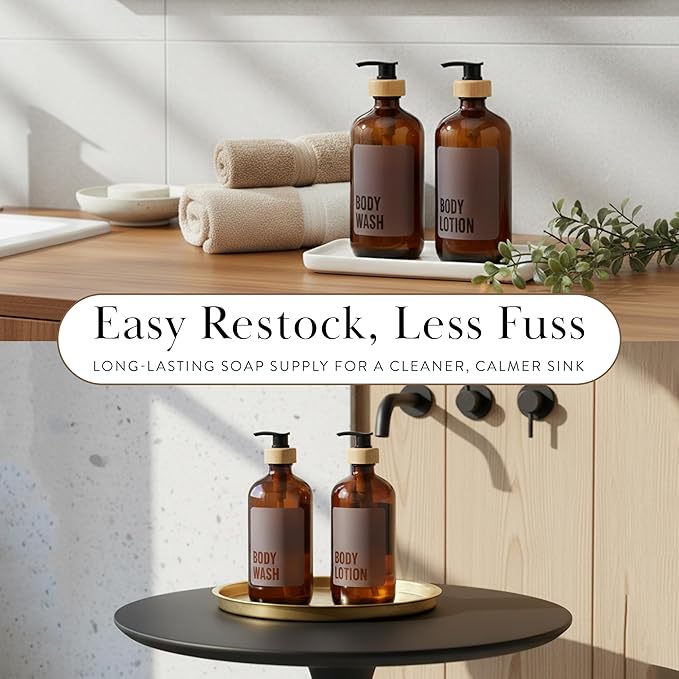 SAVVY & SORTED Amber Glass Body Lotion Dispenser with Pump, Soap Dispenser Bathroom Set, Refillable Glass Lotion Bottle with Label, Matching Soap and Lotion Dispenser Set Available, 17 Fl Oz / 500 ml