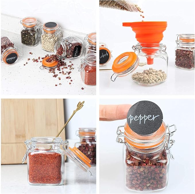 3.4 oz Small Glass Spice Jars with Lables, 24 Pack Empty Mini Square Spice Bottles with Airtight Flip Top Lids, Chalkboard Labels and Collapsible Funnel for Home and Kitchen