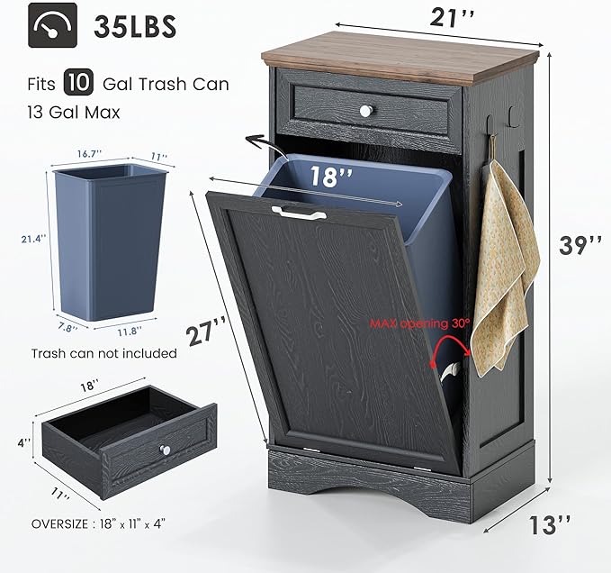 NEWOWNDS Tilt Out Trash Can Cabinet 10 Gallon Hidden Trash Garbage Can Cabinet with Drawer,Pet Proof Hidden Garbage for Kitchen,Laundry Bathroom (Black - with Feeding Bowls, Single Door)