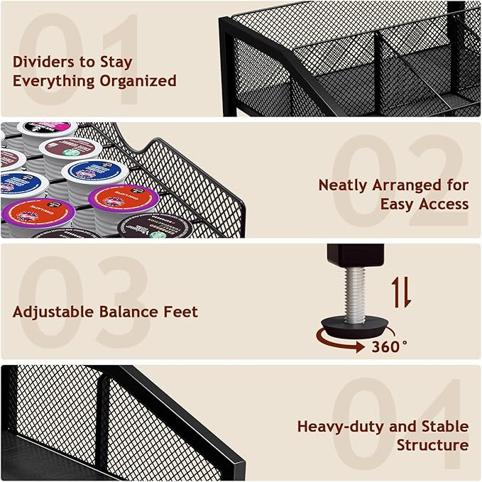 Homsorout Coffee Bar Organizer - Coffee Station for Countertop, Metal and Wood K Cup holder Storage Basket with Drawer for Syrup, Cups, Stirrer, Condiment, Tea Organizer, Black