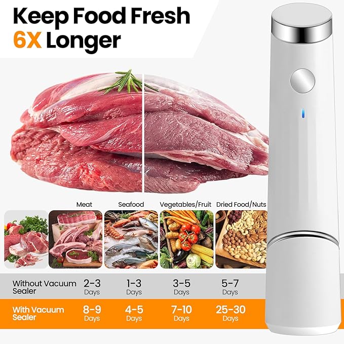 Compact Vacuum Sealer for Food (Portable Vacuum Sealer Machine+10 Reusable Bags) Compact Handheld Food Saver for Meat, Camping & RV Travel,Seal Food 6X Fresh Longer, Portable & Wireless, Easy-Clean