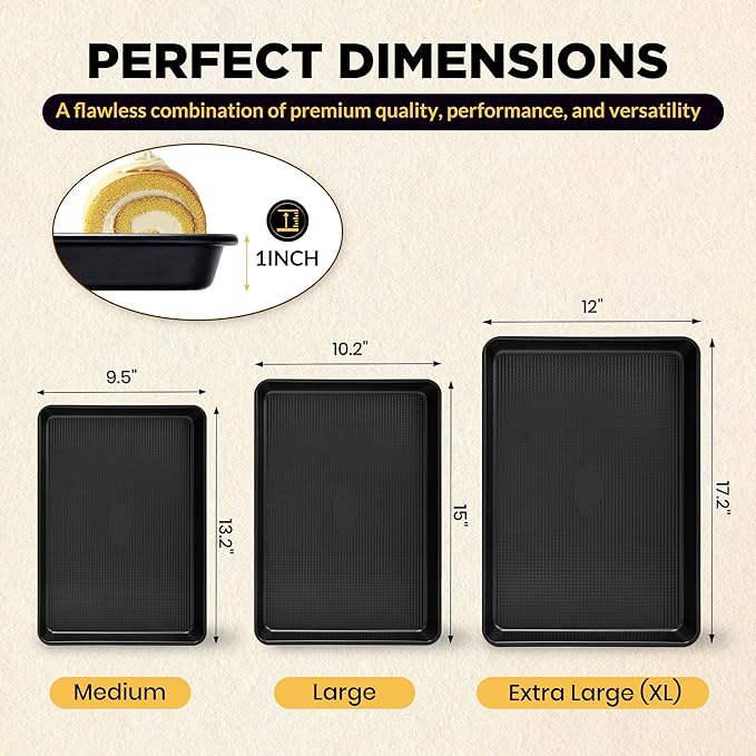 Professional Non-Stick Baking Sheets Set, 3-Piece Heavy Duty Carbon Steel Cookie Sheets with Oven Safe & Even Heating for Baking, Roasting, Cooking (Black)