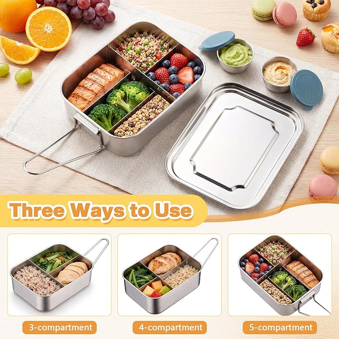 2 Pack Stainless Steel Bento Box 5 Compartment Kit 50oz/1500ml Metal Bento Lunch Box Container with Handle and 2 Pcs 80ml Round Sauce Cups Leak Proof Lockable Clips for Kids or Adults