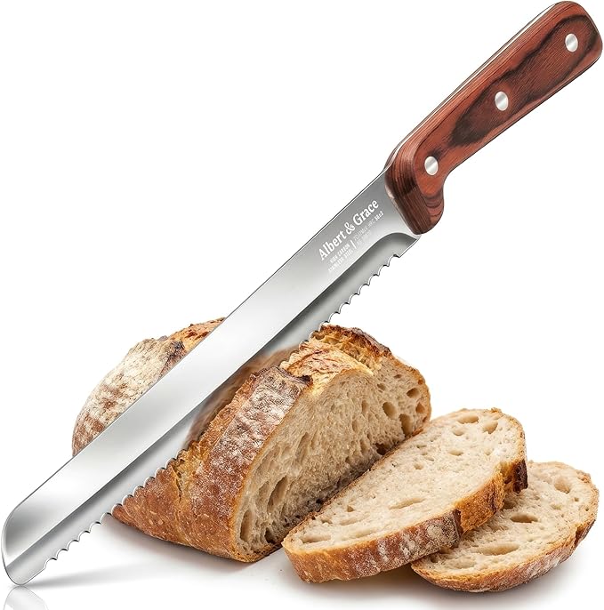 Albert&Grace 10.5-Inch Serrated Bread Knife with Full-Length Sheath – Ultra Sharp, Low-Crumb Slicing for Sourdough, Homemade Bread & Bagels