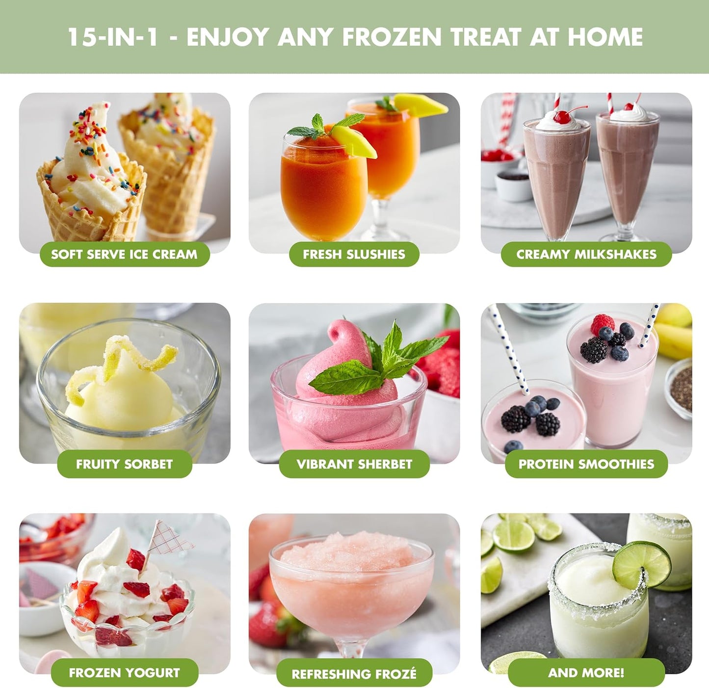 GreenPan Frost Ice Cream Machine & Frozen Drink Maker, Soft Serve, Slushie, Sorbet, Milkshakes & Cocktails, No Freezer Needed, 7 Textures, Quiet & Rapid, Easy Clean, Family Size, Pistachio Sage