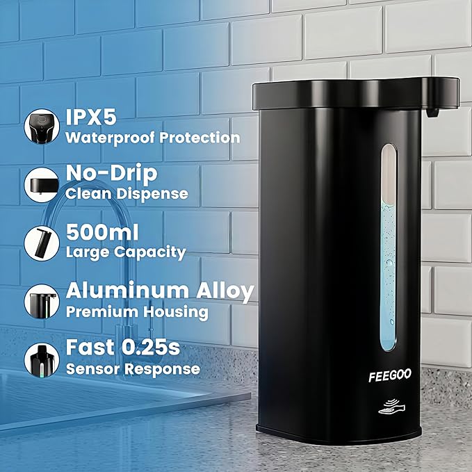 Touchless Automatic Soap Dispenser, 17 oz / 500ml Type-C Rechargeable Countertop Liquid Hand Soap Dispenser for Kitchen and Bathroom, Stainless Steel, Black