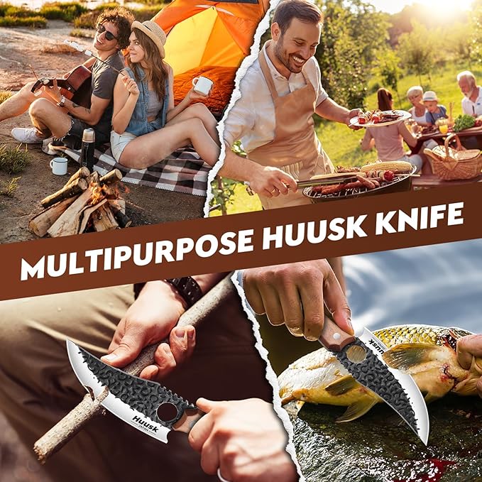 Huusk Viking Knife with Sheath - Hand Forged Butcher Knife for Meat Cutting - High Carbon Steel Meat Knives- Multipurpose Japanese Chef Knives for Camping, Outdoor, BBQ, Gift for Men and Women