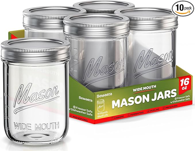 SEWANTA Wide Mouth Mason Jars 16 oz [10 Pack] With mason jar lids and Bands, mason jars 16 oz - For Canning, Fermenting, Pickling - Jar Décor - Microwave/Dishwasher Safe.
