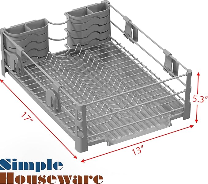 Simple Houseware Dish Drying Rack with Drainboard, Utensil Holder & Mug Hooks, Silver Metal Kitchen Counter Organizer