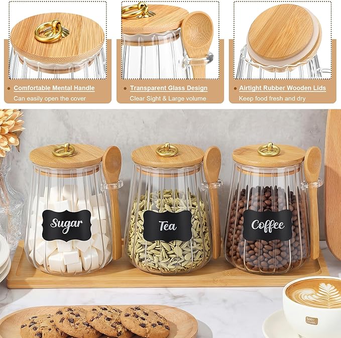 Suclain 3 Pcs Glass Coffee Container with Wooden Lid Spoon Shelf Labels Airtight Sugar Canister Set with Metal Handle Clear Jar Food Storage for Spice Coffee Bean Powder Housewarming Gift (Conical)