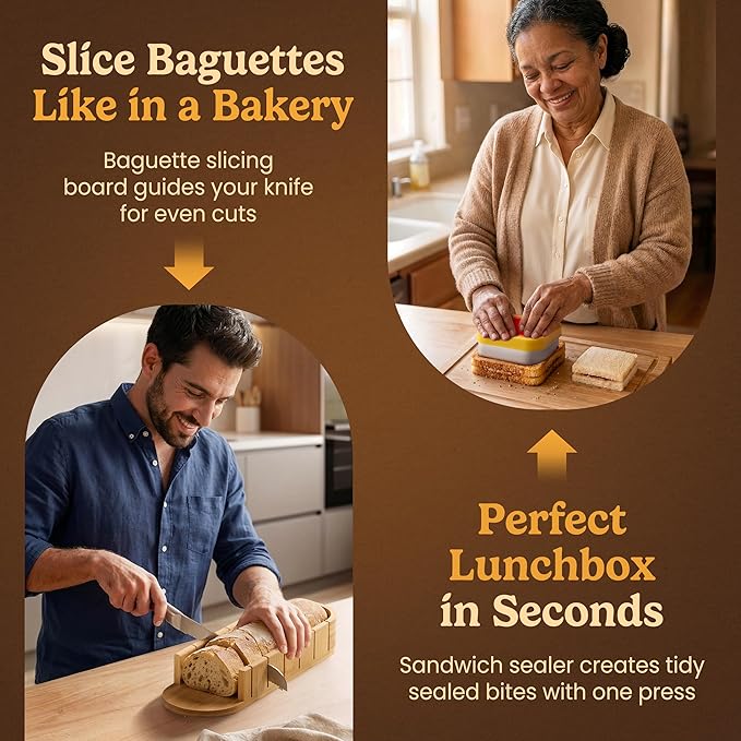 Bread Slicer Guide for Homemade Bread 3-In-1 Set: Sourdough Rounds Slicer, Baguette Cutter & Sandwich Sealer | Bread Loaf Slicing, Adjustable Bamboo Bread Cutter With Knife & Magnetic Slot