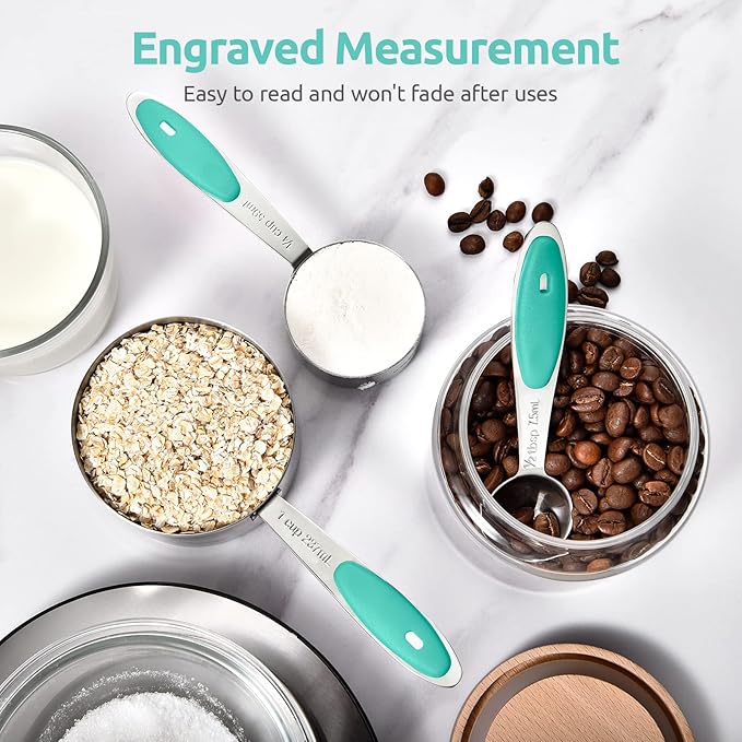 U-Taste Measuring Cups Spoons Set: 18/8 Stainless Steel 12 Pieces Stacking Kitchen Baking Cooking Food Measure Scoop Set, 7 Cups & 5 Spoons with Strengthened Weld Joints (Aqua Sky, Upgraded Version)