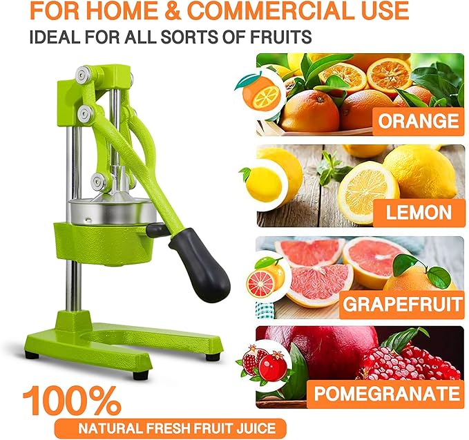 Commercial Heavy Duty Cast Iron Hand Press Manual Orange Citrus Lemon Lime Grapefruit Pomegranate Fruit Juice Squeezer Machine with Stainless Steel Cup Green
