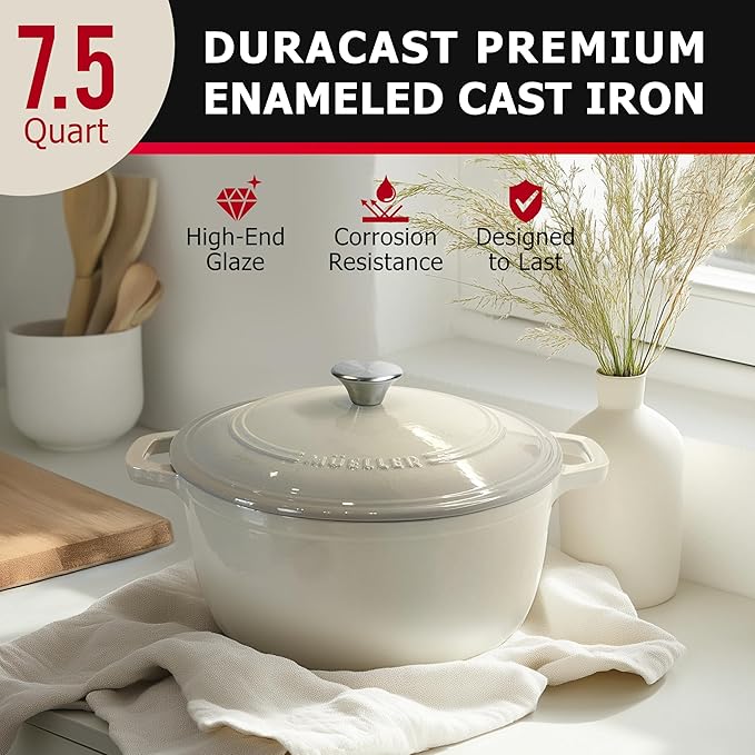 MUELLER HOME 7.5 QT Enameled Cast Iron Dutch Oven, Heavy-Duty Casserole Dish and Braiser Pan with Lid and Stainless Knob, Oven-Safe up to 500° F & Across All Cooktops, Oyster White