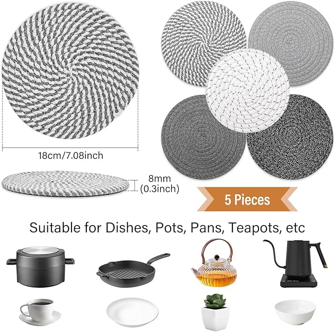 Tidponra Trivet Mats Set for Hot Dishes, 5 Heat Resistant Pot Holders Kitchen Counter, Table, Home Essentials, Anti Stain Hot Pads Plate Mats for Hot pots and Pans, 7 Inches