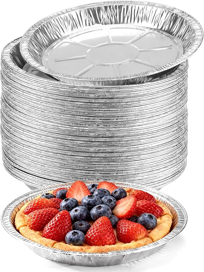 50 Pack 9 Inch Disposable Aluminum Foil Pie Pans - Curl Lip Design, Lightweight & Sturdy with Even Heat Distribution for Tarts & Pastry Crusts