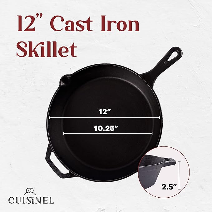 Cuisinel 12‑Inch Cast Iron Skillet – Pre‑Seasoned Frying Pan with Assist Handle & Silicone Handle Holder – Oven, Stovetop, Grill & Campfire Safe Cookware – PFAS & PFOA‑Free