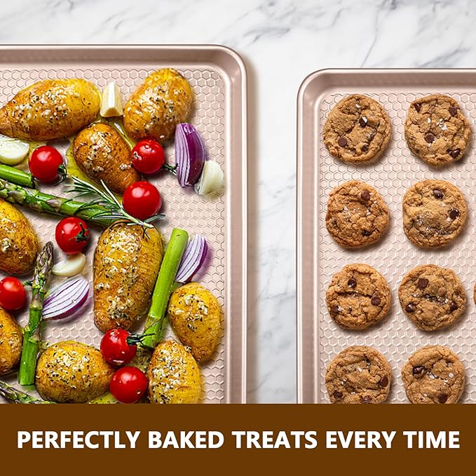 Wildone Baking Sheet Pan Set, Honeycomb Embossed Nonstick Baking Sheet 15x10 In, Thicker Carbon Steel Cookie Sheet, Even Heating Jelly Roll Pan, Rose Gold, 2 Pack