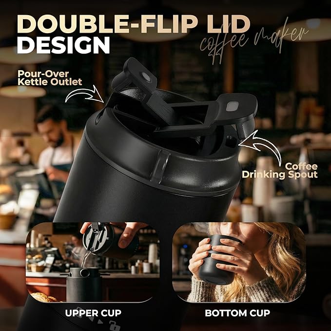 HAUSHOF Portable Coffee Maker, Travel Coffee Maker Battery Operated Small Pour Over Set, Compact Coffee Maker with Electric Grinder & Insulated Mug for Travel, Camping, Car