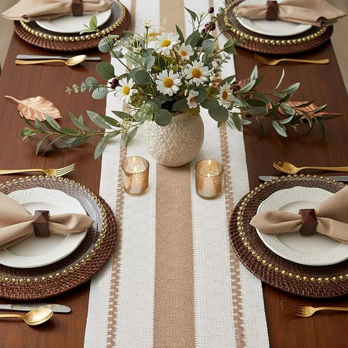 FEXIA Boho Table Runner for Hoilday Spring Home Decor with Tassels Pottery barn Furniture Farmhouse Rustic Macrame Burlap Table Decoration for Living Room (12x36 Inches)