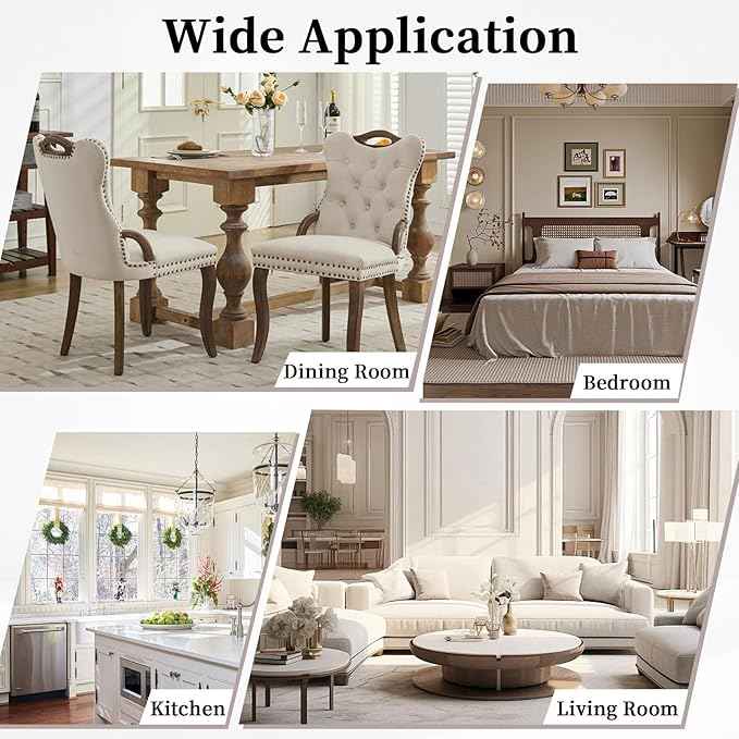 Beige Velvet Dining Chairs Set of 4，Modern Upholstered Dining Room Chairs with Tufted Back and Wood Accents, Curved Solid Wood Legs & Nailhead Trim, Sillas De Comedor Modernas 4