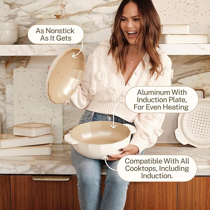 Cravings by Chrissy Teigen The Perfect Pan 5.3 Qt Dutch Oven Pot with Lid, Nonstick Lightweight Aluminum Everyday Pot with Steamer/Strainer Insert, Oven & Stovetop Safe (White)