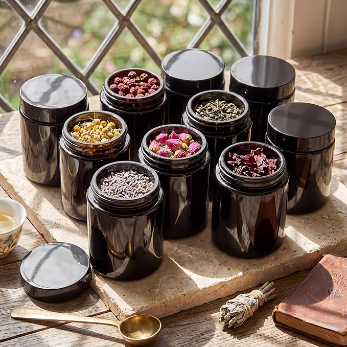 Domensi 36 Pcs Bulk 6oz Glass Jars with Lids Leakproof Round Airtight Empty Cosmetic Jars with Inner Liners Lid for Storing Lotions Spices Ointments Food Storage (Black)