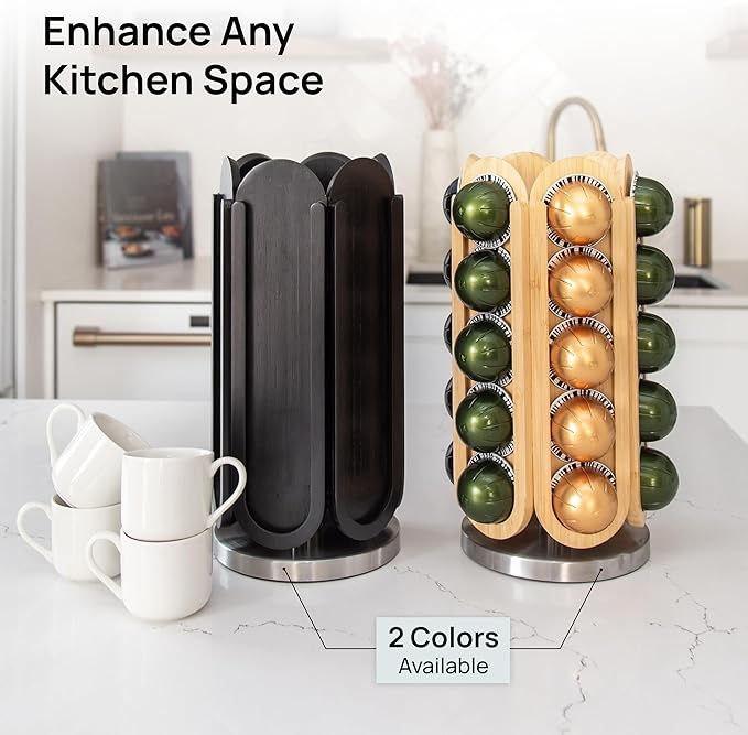 Ibyx 30-Capsule Nespresso Pod Holder – 360° Rotating Coffee Storage Stand – Compatible with Nespresso Vertuo – No Assembly, Black Wood Design