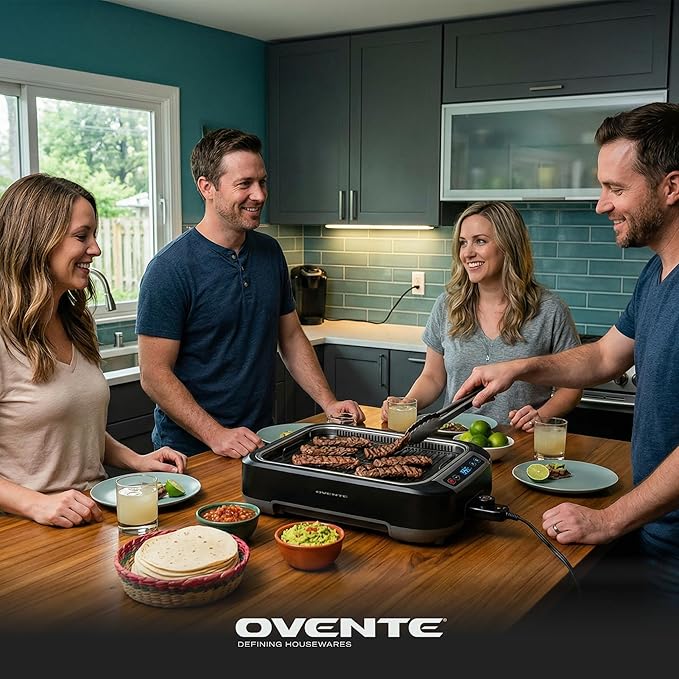 OVENTE Smokeless Indoor Grill, 1500W Electric Portable Korean BBQ Grill with One-Touch Control, LED Smart Display, Tempered Glass Lid, Two Removable Non-Stick and Dishwasher Safe Plates, Black SGR85B