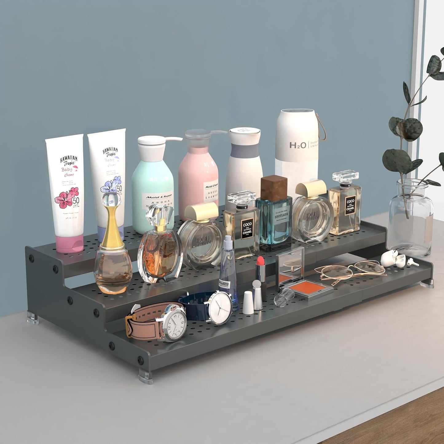Expandable Spice Rack organizer with 3-Tier step shelf,Modern Design heavy duty,Non Skid and Visibility,Great for Kitchen Cabinet, Pantry and more(3PACKS/GUN-GREY)