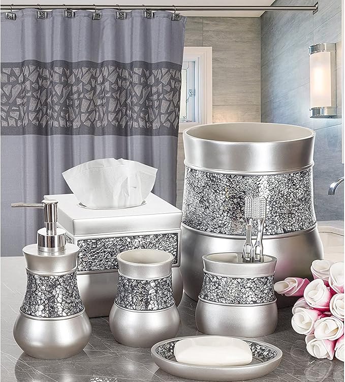 Creative Scents Crackled Glass Silver Small Bathroom Trash Can 2.06 Gal / 7.8L – Decorative Waste Basket for Bathroom, Powder Room or Bedroom - Durable Mini Wastebasket with Beautiful Crackled Glass