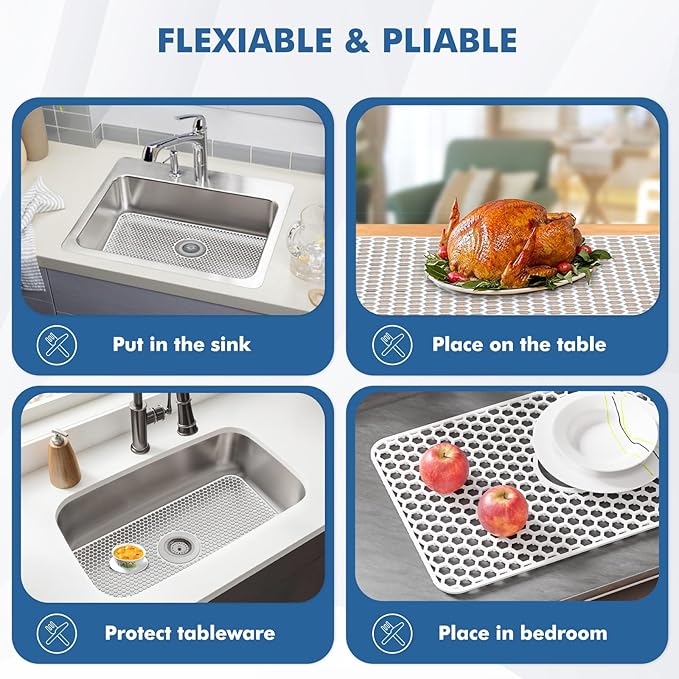 Bestjing Silicone Sink Protectors for Kitchen Sink - 26"x 14" Kitchen Protector Accessory, Non-Slip Heat Resistan Mat for Bottom of Farmhouse Stainless Steel Porcelain (Center Drain Hole,White)