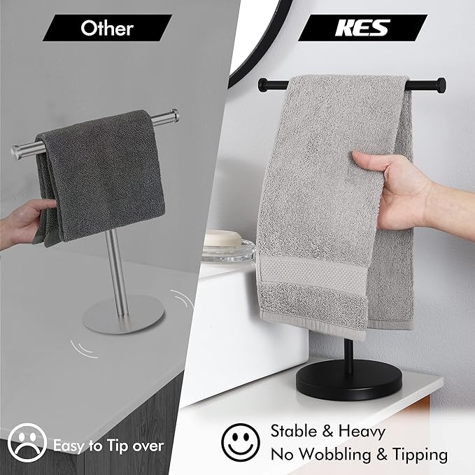 KES Black Towel Rack, Tall Hand Towel Stand 16.5" Fit Standard Hand Towels, T-Shape Standing Hand Holder Countertop Weighted Base, SUS304 Stainless Steel Matte Black, BTH208S14B-BK