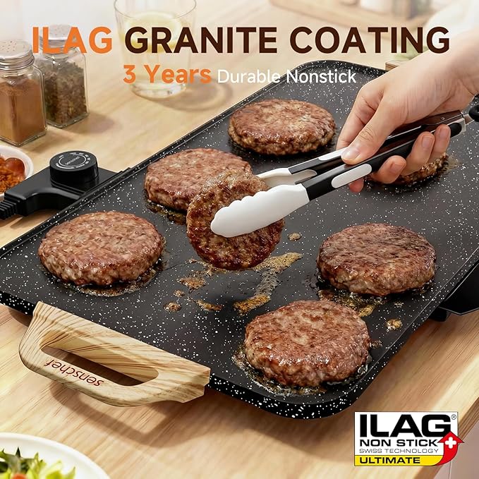 CookSimple Everyday 20x12 Inch Electric Griddle with 1700W Fast Even Heating&ILAG Granite Nonstick Surface – Large Flat Griddle Perfect for Family Meals, Pancakes–Easy to Clean, Granite Black