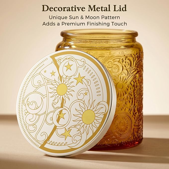Art Secret 9-Pack 8oz Embossed Glass Candle Jars with Lids and Labels - Sun Moon Stars Design (Pink)