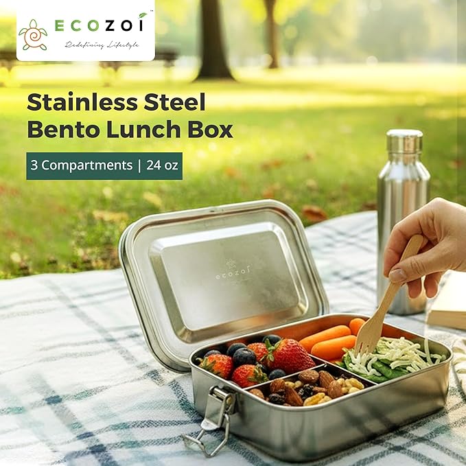 ecozoi Stainless Steel Lunch Box, 1-Tier Metal Bento Box Leak Proof with 5 Compartments, 50 Oz Metal Lunch Container, Meal Prep Food Container, with 50 ml Sauce Container