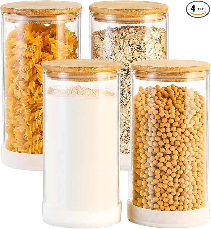 TBWIND 53oz Round Glass Storage Containers with Bamboo Lids – 4 Pack Large Airtight Glass Jars for Pantry Organization, Kitchen Dry Food, Flour, Cereal, Coffee Beans & Staples