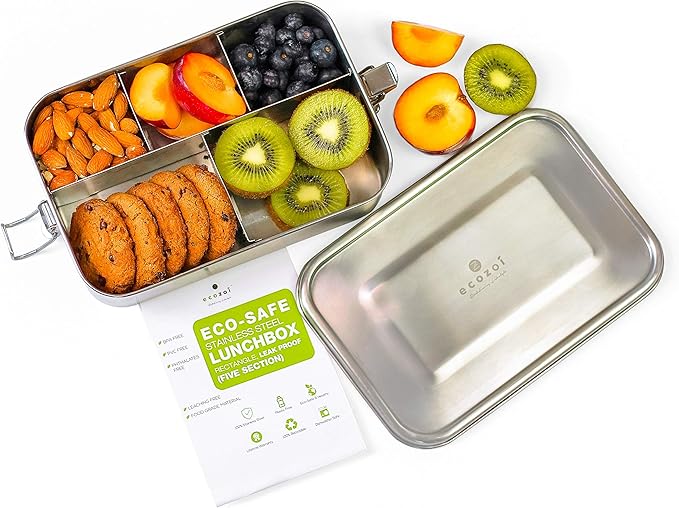ecozoi Stainless Steel Lunch Box, 1-Tier Metal Bento Box Leak Proof with 5 Compartments, 50 Oz Metal Lunch Container, Meal Prep Food Container, with 50 ml Sauce Container