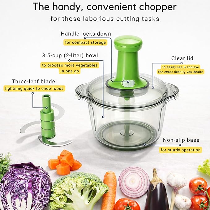 Brieftons Express Manual Food Chopper: Large 8.5-Cup, Hand Chopper Vegetable Cutter to Chop Veggies, Fruits, Herbs, Garlic Onion Chopper for Salsa, Salad, Pesto, Guacamole, Coleslaw, Indian Cooking