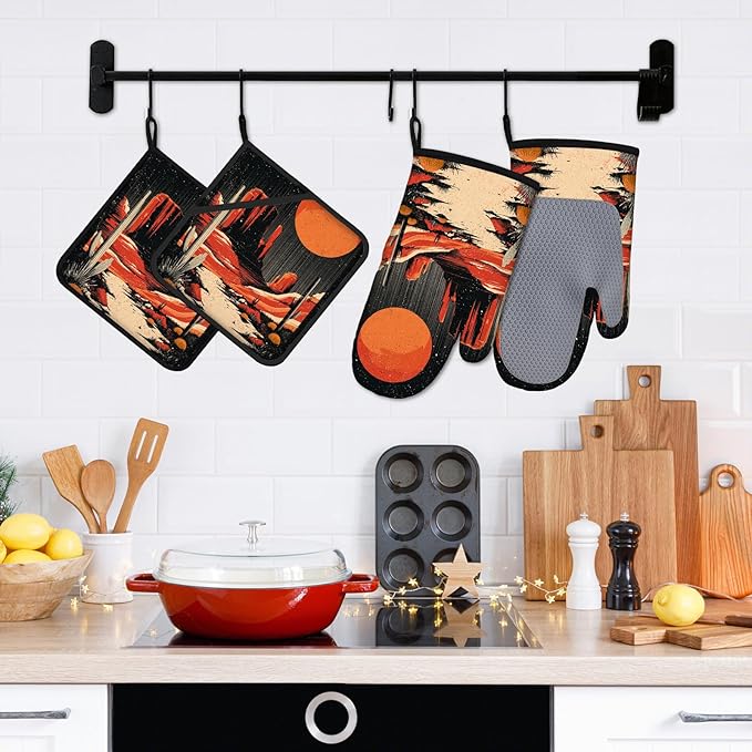 Sunset Western Oven Mitts and Pot Holders Sets 4Pcs Silicone Non-Slip Mitts Heat Resistant Gloves Hot Pads for Kitchen Cooking Baking Grilling BBQ