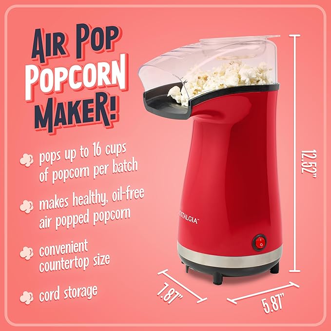 Nostalgia Air Popper Popcorn Maker – 16 Cups Oil-Free Pop Corn – Includes 4-oz Measuring Cup – Perfect for Family Movie Nights – Red