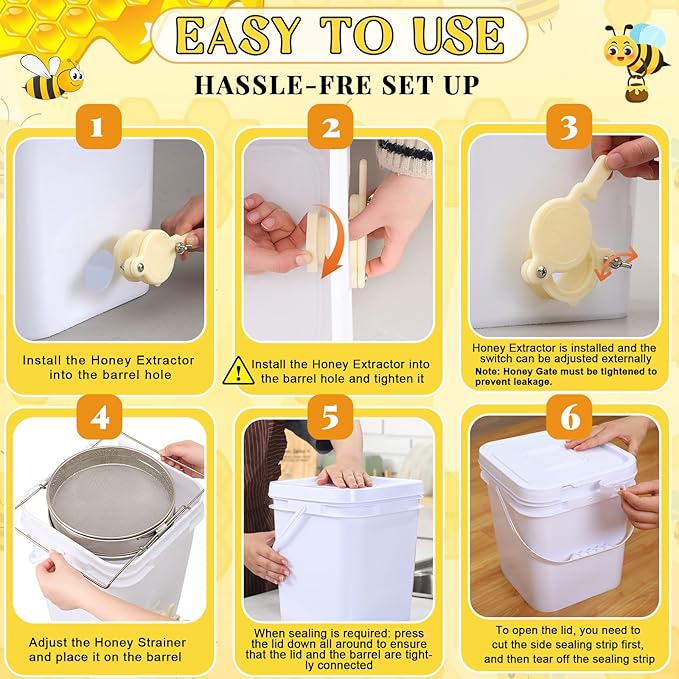 Threehoney 5 Gallon Honey Bucket with Spigot and Stainless Steel Filters Set Honey Extractor Equipment Food-Grade Bucket with Spigot for Bee Keeping Supplies Extracting Storage(White, 5 Gallon)