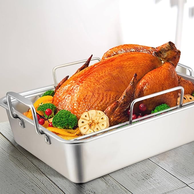 LIANYU 16 Inch Roasting Pan, Large Turkey Roaster with V-Shaped Rack and Baking Rack, Heavy Duty Stainless Steel Deep Broiling Lasagna Pan with Handle for Chicken, Dishwasher Safe