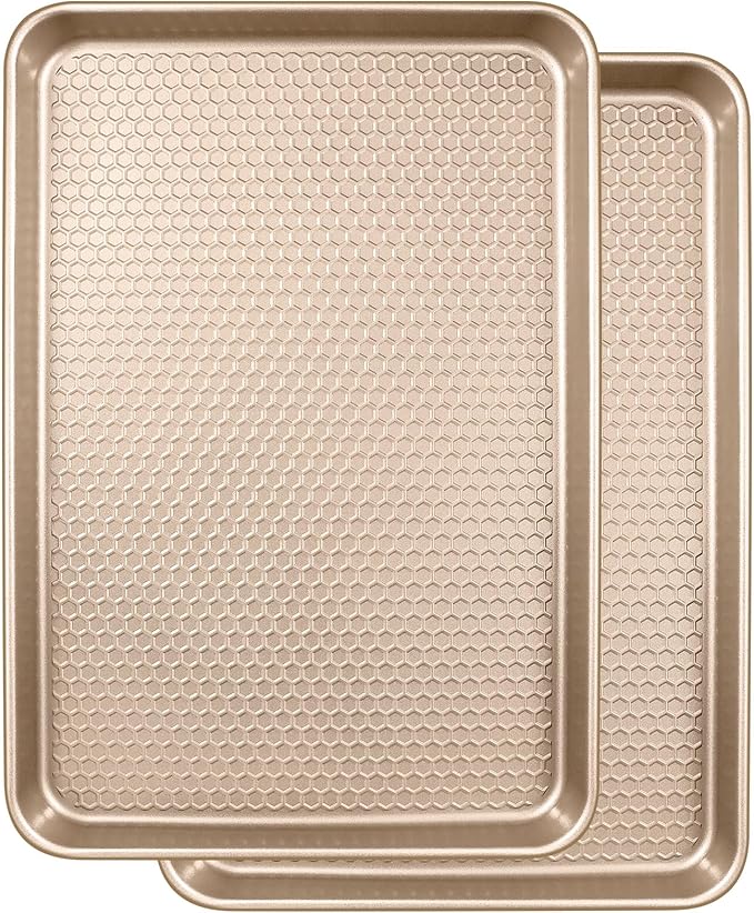 Wildone Baking Sheet Pan Set, Honeycomb Embossed Nonstick Baking Sheet 15x10 In, Thicker Carbon Steel Cookie Sheet, Even Heating Jelly Roll Pan, Champagne Gold, 2 Pack