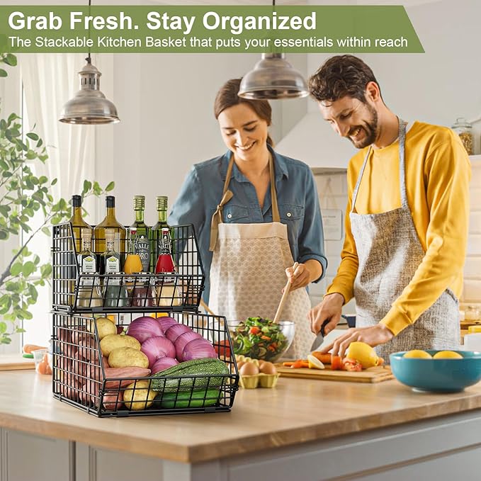 X-cosrack Stackable Wire Baskets for Counter, Fruit and Vegetable Storage, Potato and Onion Storage Bin，Kitchen Pantry Organizer - Wall Basket for Produce/Snack/Can, Large, Black