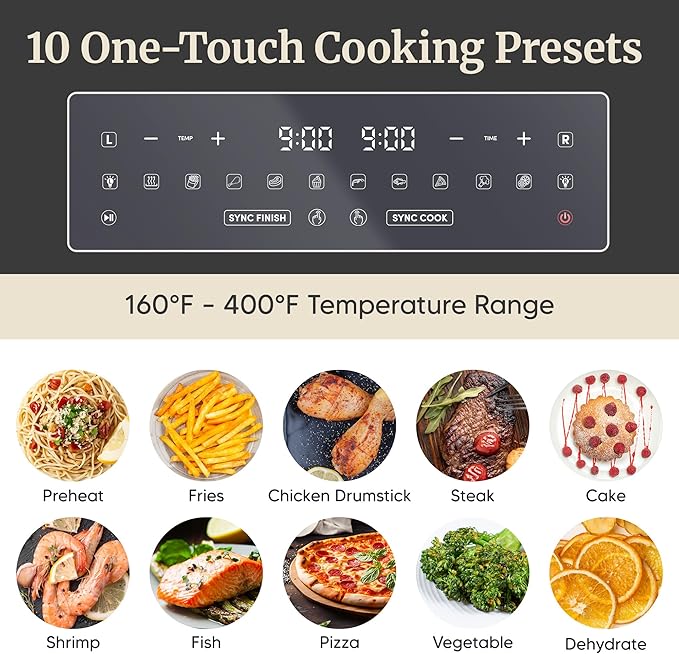 Elite Gourmet Dual Zone Air Fryer Oven 11QT, Dual Basket Air Fryer with Divider, Sync Finish & Sync Cook, PFAS Free Nonstick, 10 Presets, Air Fry Bake Roast Broil Toast Dehydrate, 1600W Black